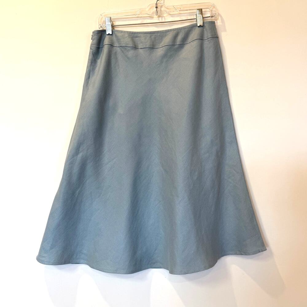 Vtg EAST 100% linen knee length skirt light blue 10 lined a line flare